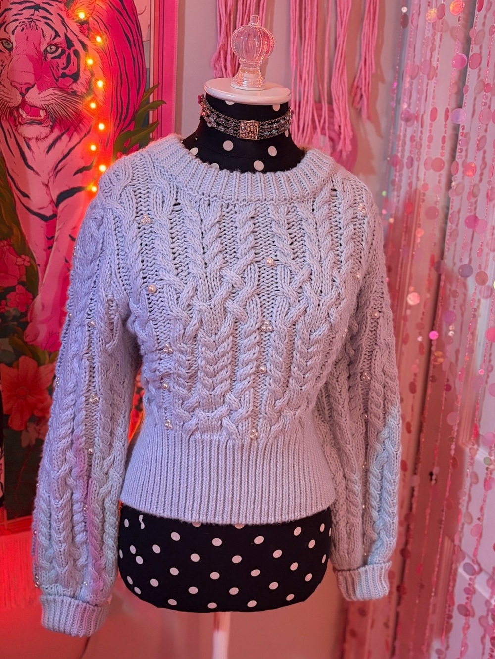 House of Harlow 1960 Pale Blue Cable Knit Crewneck Sweater